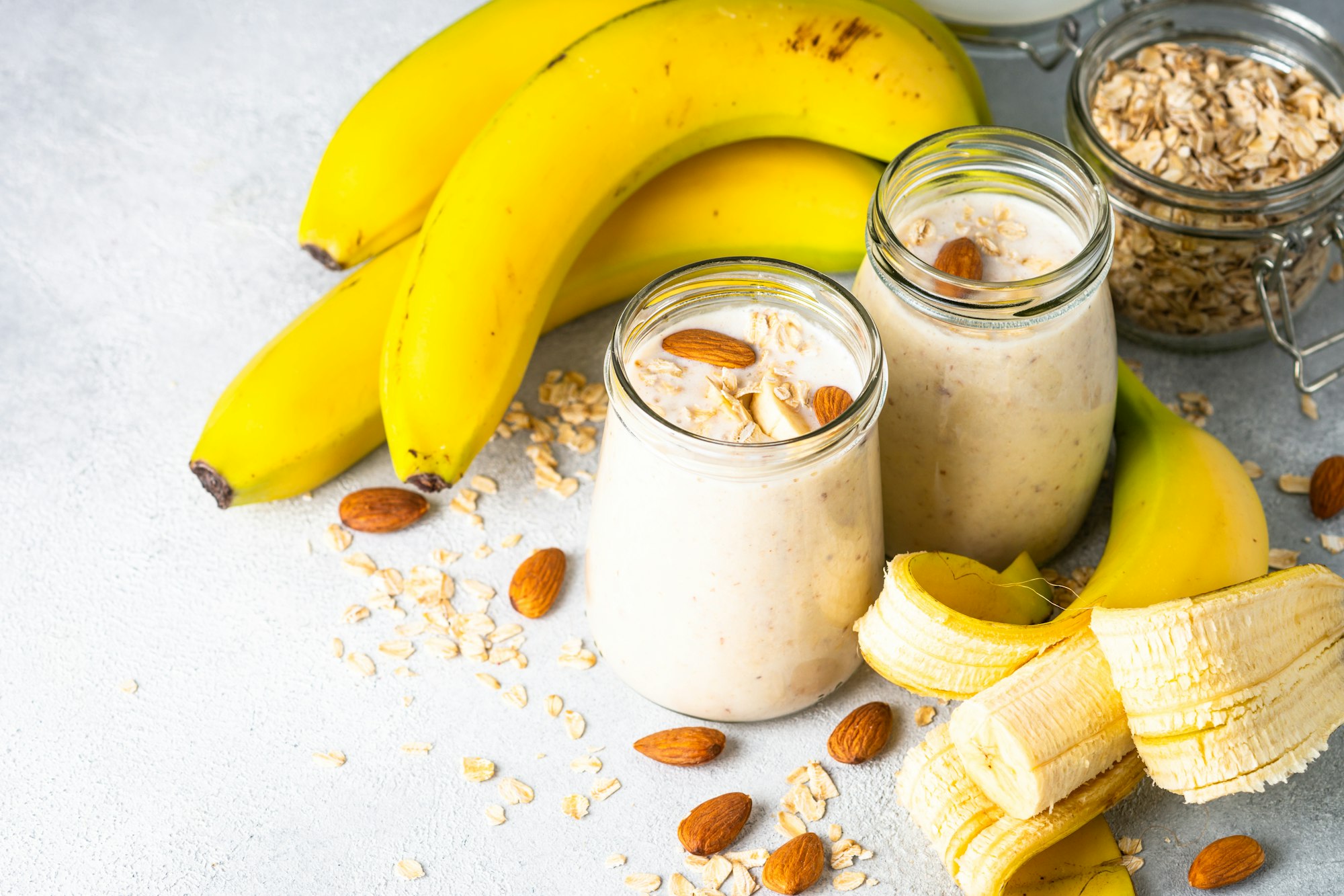 Almond banana smoothie with oat flakes.