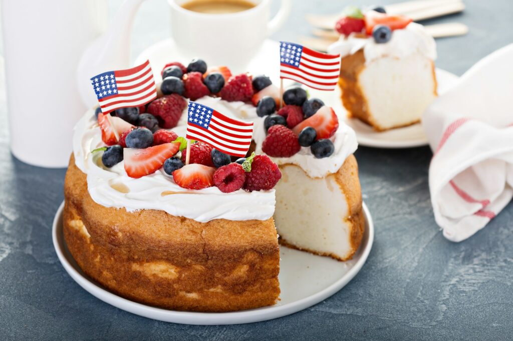 Angel food cake with cream and berries