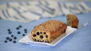 Homemade pound cake with blueberries. Healthy bread with blueberries.