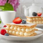 Traditional French dessert millefeuille with vanilla cream and fresh berries on a white plate