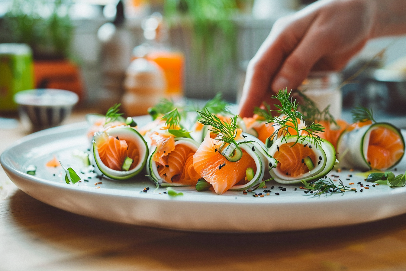 Easy smoked salmon cucumber rolls garnished with fresh dill and microgreens on a white plate, with a hand adding the final touches in a sunlit home kitchen.