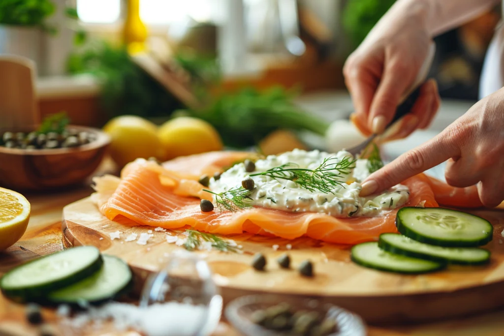 Spreading creamy filling on smoked salmon slices for easy smoked salmon cucumber rolls, garnished with fresh dill and capers on a wooden board.