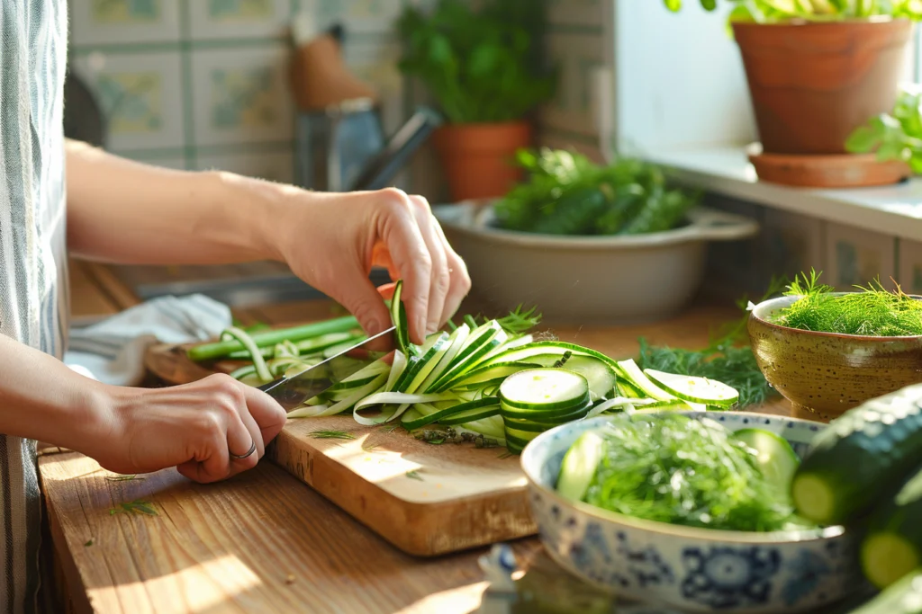 Slicing fresh cucumber for easy smoked salmon cucumber rolls on a wooden cutting board in a sunlit kitchen, surrounded by fresh dill and herbs.