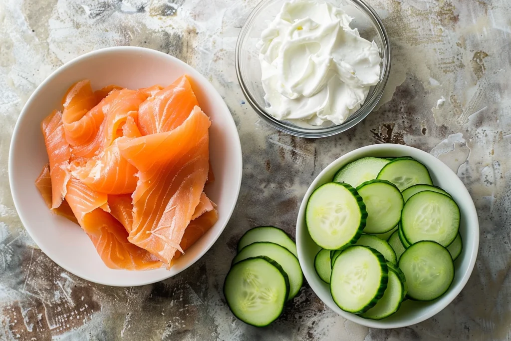 Ingredients for easy smoked salmon cucumber rolls, including fresh smoked salmon slices, creamy cream cheese, and cucumber rounds, arranged in white bowls on a rustic kitchen surface.
