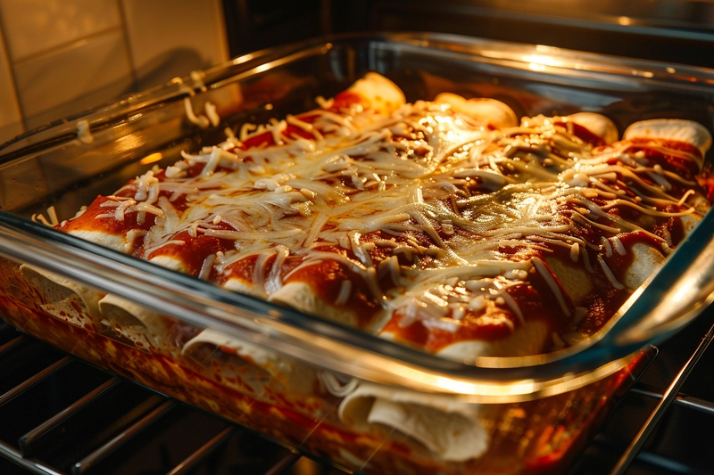 Enchiladas baking in the oven with melted cheese and red sauce, mid-cook for boulders enchilada recipe.