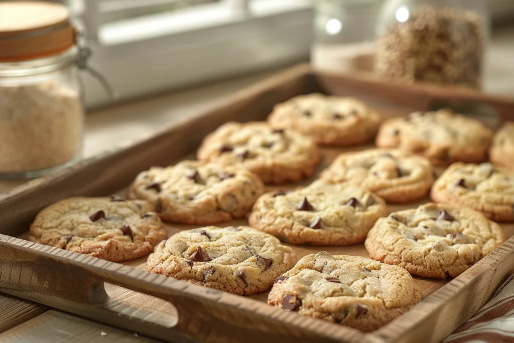 A batch of freshly baked protein cookies with chocolate chips, cooling on a rustic wooden tray in a sunlit kitchen.