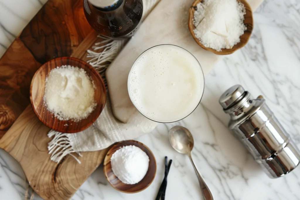 A beautifully arranged top-down view of cold foam recipe ingredients on a ceramic kitchen countertop. A glass of cold milk, a dish of sweetener, vanilla extract, and a handheld frother rest neatly on a rustic wooden cutting board.