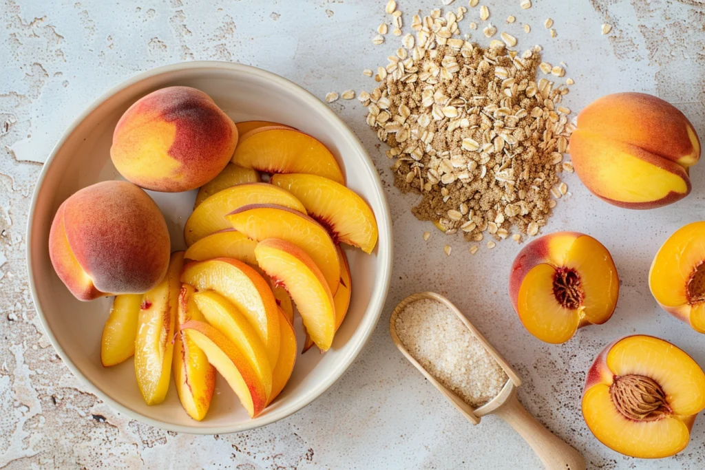 Main ingredients for the Peach crumble recipe: A top-down view of fresh peach slices, brown sugar, and rolled oats on a ceramic kitchen countertop, beautifully arranged under soft natural light.