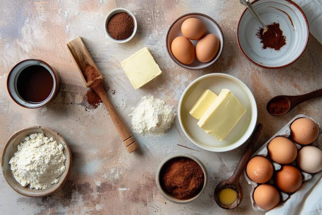 A top-down view of ingredients for a chocolate cream cheese pound cake gordon ramsey recipe , including butter, cream cheese, sugar, eggs, vanilla, cocoa powder, flour, baking powder, salt, and milk, arranged on a rustic ceramic countertop.