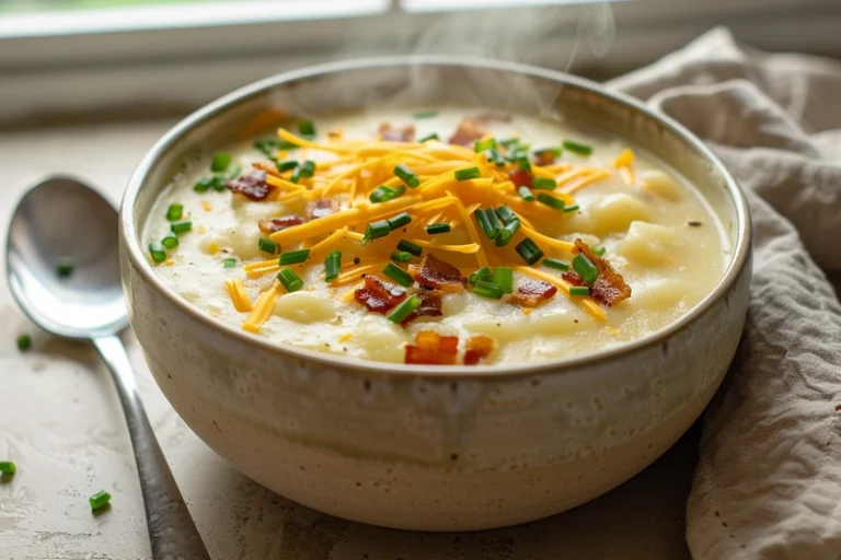 Bowl of finished benignis potato soup recipe with toppings