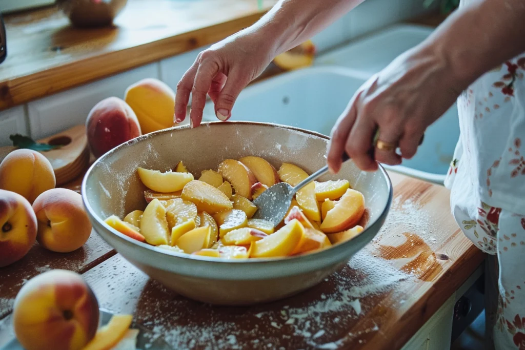 A mixing bowl filled with freshly sliced peaches on a wooden countertop, with hands peeling and stirring them with sugar, cinnamon, and lemon juice.