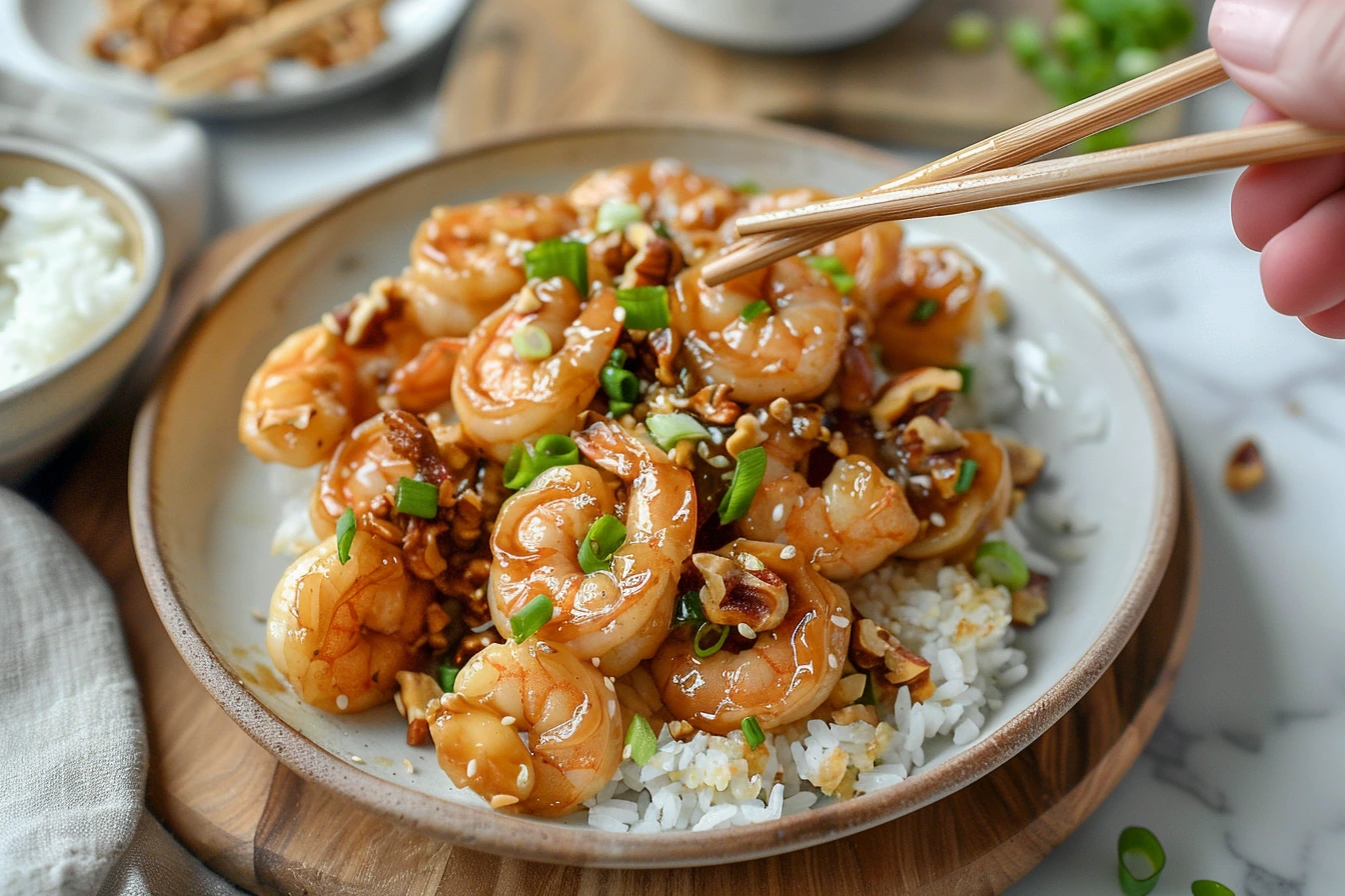 Plated honey walnut shrimp with a creamy sauce and caramelized walnuts, garnished with green onions, alongside a bowl of jasmine rice on a wooden countertop.