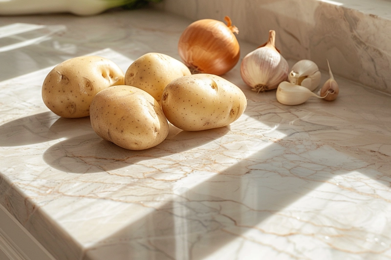 Three main ingredients for benignis potato soup recipe on a clean kitchen counter