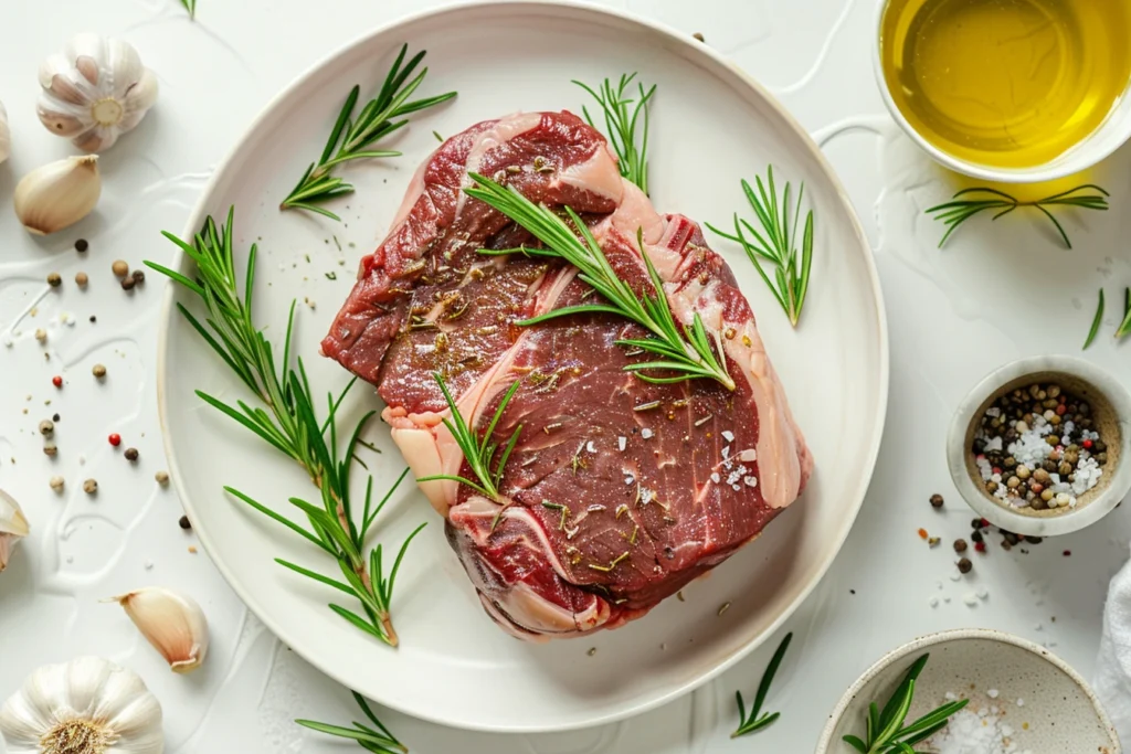 Raw bone-in ribeye roast on a ceramic countertop, surrounded by fresh rosemary sprigs, whole garlic cloves, and small bowls of olive oil and coarse salt in soft natural daylight.