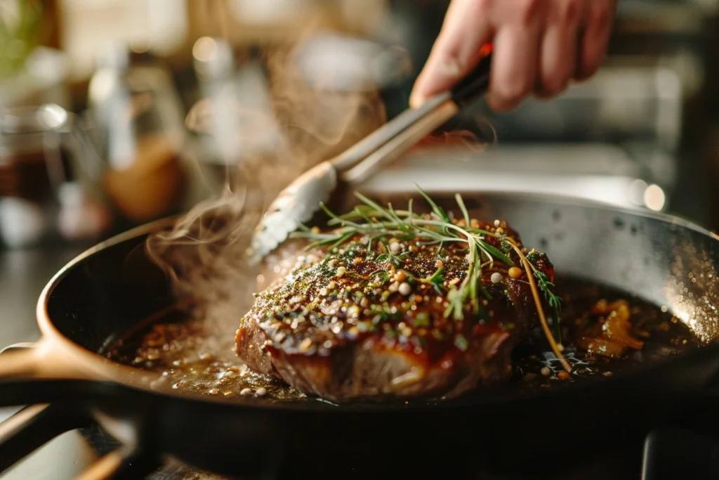 Hands searing ribeye roast in a cast-iron skillet with herbs sizzling in olive oil, steam rising in a warm kitchen setting.