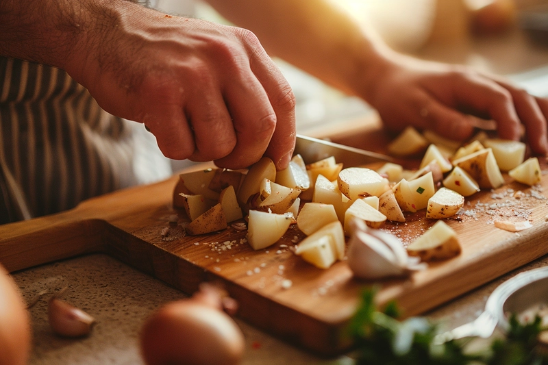 Hands chopping potatoes and onion for benignis potato soup recipe