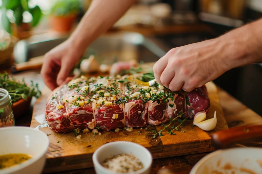 REBEYE ROAST RECIPE: Hands rubbing garlic, rosemary, and thyme seasoning onto raw ribeye roast for the ribeye roast recipe on a wooden cutting board in a cozy home kitchen.