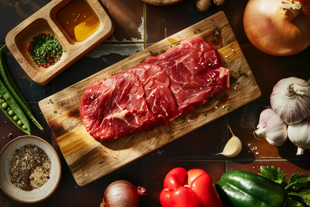 Mongolian BBQ recipe ingredients. A raw marbled beef steak, red bell pepper, and onion on a wooden board, surrounded by garlic, ginger, and sesame oil in a sunlit kitchen.