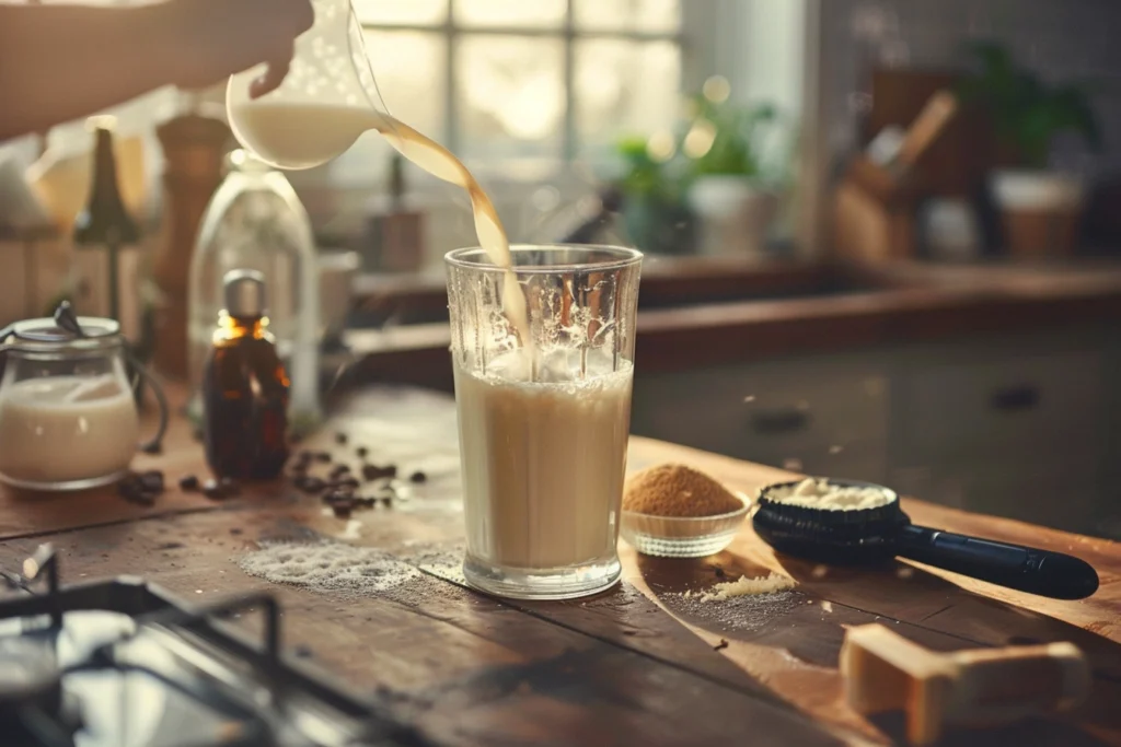 A cozy home kitchen with natural daylight illuminating a wooden countertop. A hand pours cold milk into a transparent mixing glass, surrounded by a dish of sweetener and a bottle of vanilla extract. A handheld frother rests nearby, ready to be used.