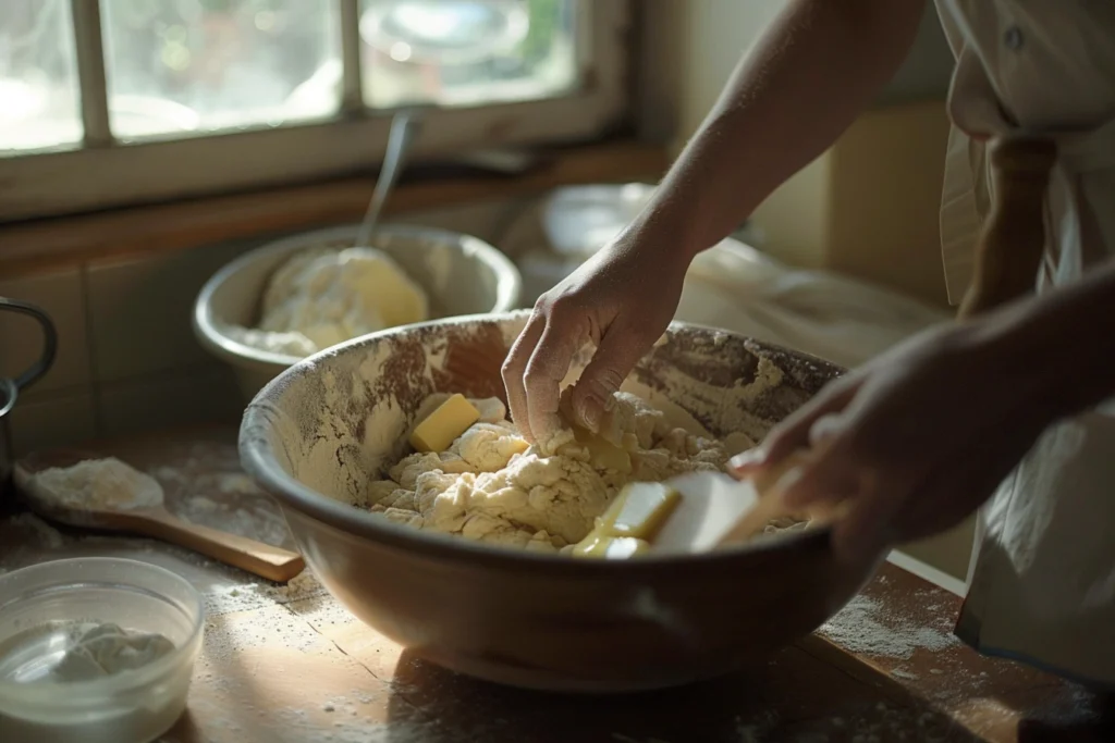 A cozy kitchen scene showing hands mixing flour, sugar, salt, and yeast in a large bowl, with melted butter and lukewarm water added, on a marble countertop.