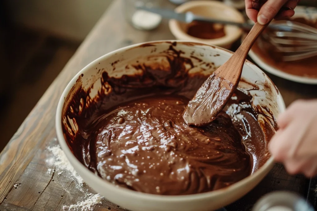 A close-up of a mixing bowl filled with smooth chocolate batter, with a person lifting a spoonful to showcase its thick, glossy texture.
