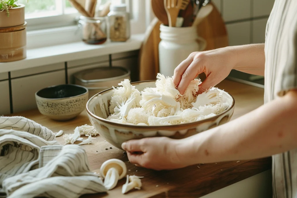 A home cook’s hands gently tearing fresh lion’s mane mushrooms into bite-sized pieces on a wooden countertop, with soft natural daylight streaming in.