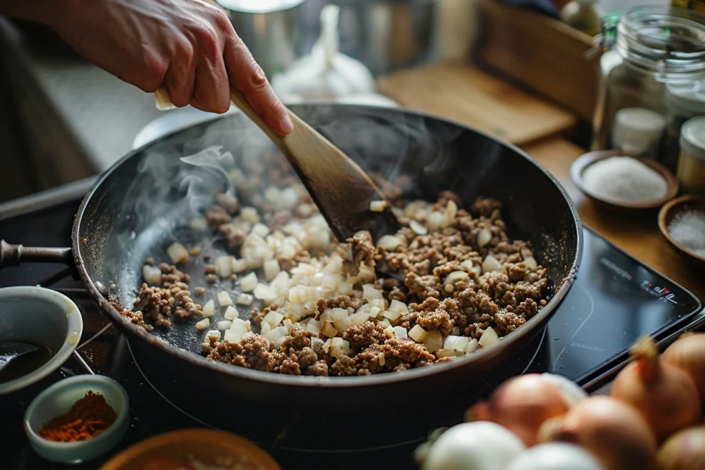 A top-down view of a skillet with sizzling ground beef and softening diced onions, stirred with a wooden spoon in a cozy home kitchen.