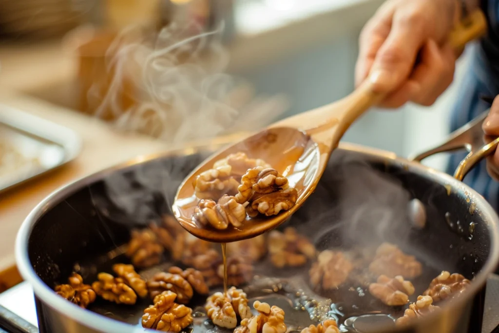 Hands stirring bubbling sugar syrup and walnuts in a saucepan, lifting caramelized walnuts with a wooden spoon over a parchment-lined baking sheet.
