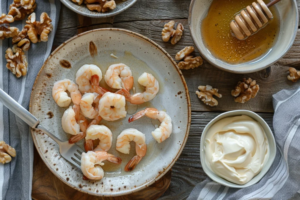 Flat-lay of honey walnut shrimp recipe ingredients on a rustic wooden countertop, including fresh shrimp, honey, mayonnaise, and walnuts, captured in natural daylight.