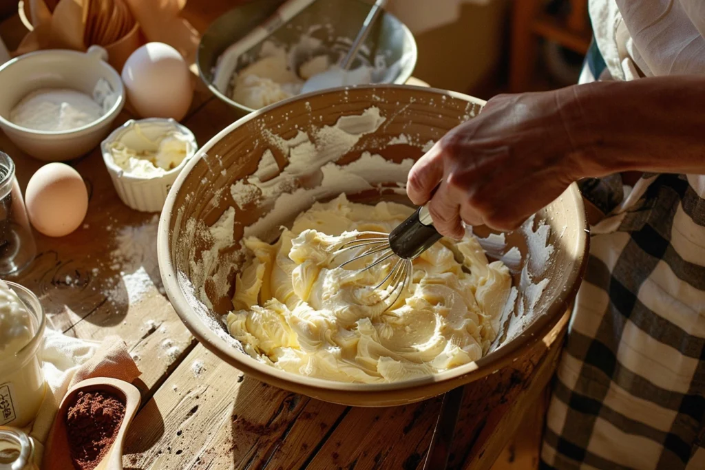 A close-up of hands using an electric hand mixer to whip butter and cream cheese in a large mixing bowl.