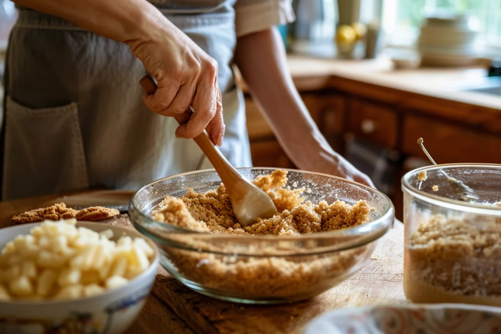 Hands mixing graham cracker crumbs, sugar, and melted butter in a glass bowl on a wooden countertop, preparing the churro cheesecake crust.