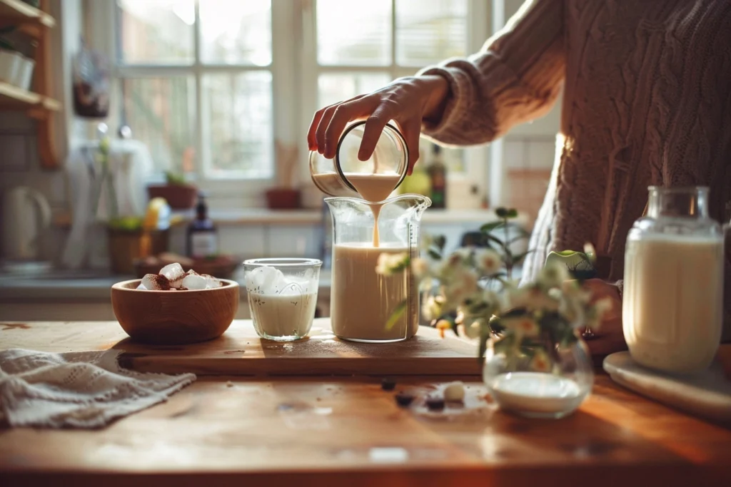 A woman's hands pour milk into a container, surrounded by chocolate syrup, vanilla extract, and ice on a wooden countertop.