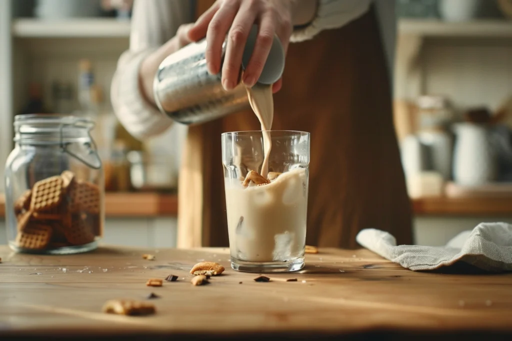 A woman's hands pour a smooth, frothy Baileys Irish Cream Chocolate Wafer Drink into a tall glass filled with ice.