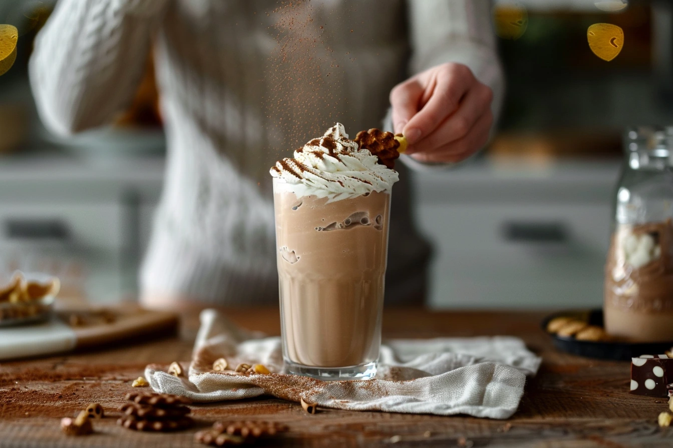 A tall glass of Baileys Irish Cream Chocolate Wafer Drink, topped with whipped cream and crushed chocolate wafers, with a woman's hand adding final garnishes.