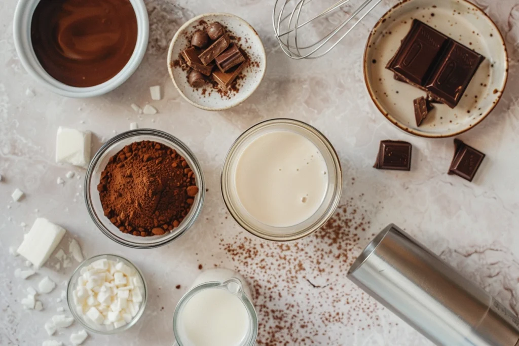A top-down view of key ingredients for the Baileys Irish Cream Chocolate Wafer Drink Recipe , including chocolate syrup, milk, vanilla extract, ice cubes, and crushed chocolate wafers on a ceramic countertop.
