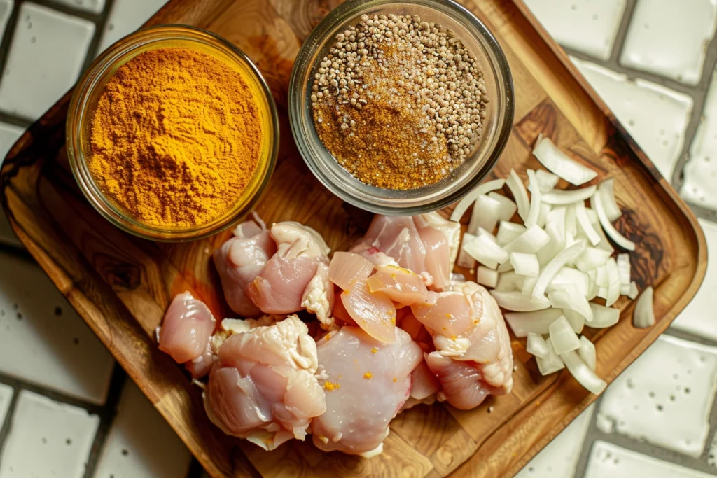 A top-down view of the ingredients of churu chicken amarillo recipe: raw chicken, turmeric powder, mustard seeds, and chopped onions on a wooden countertop, lit by natural daylight in a cozy home kitchen.
