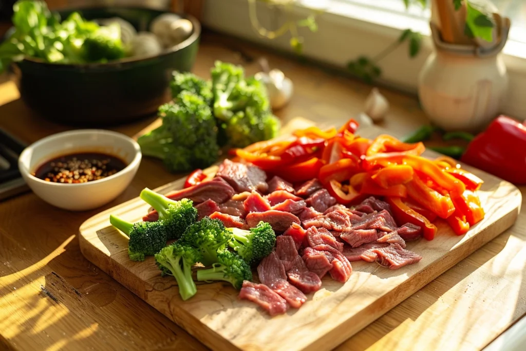 Thinly sliced beef, colorful chopped vegetables, and a bowl of homemade Mongolian BBQ sauce on a wooden countertop in a sunlit kitchen.