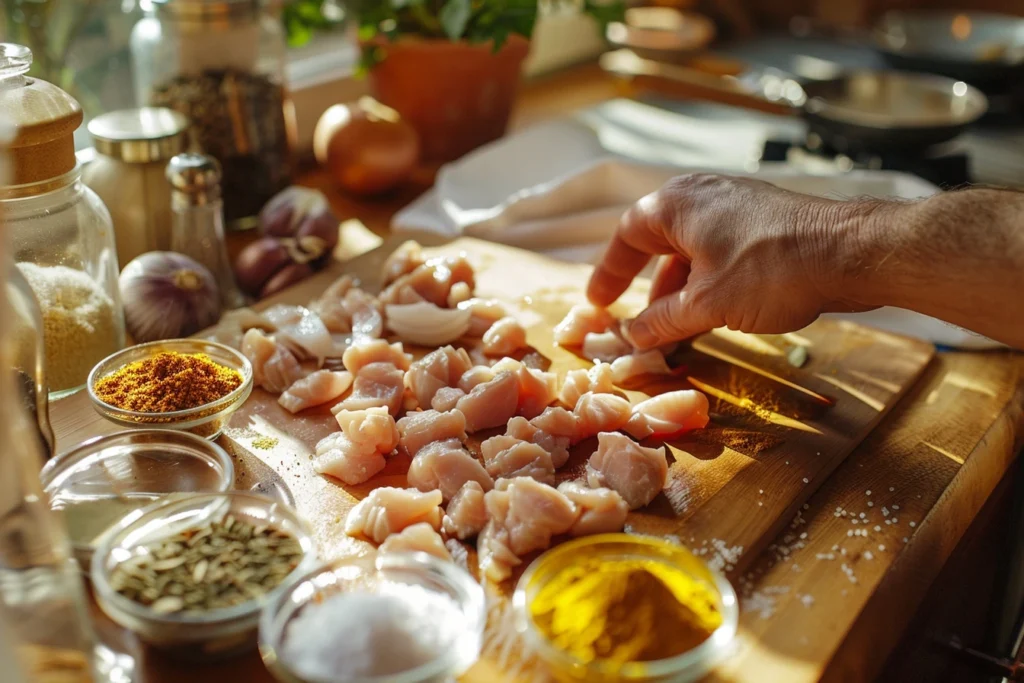 A home cook’s hand patting raw chicken dry on a wooden cutting board, surrounded by pre-measured spices, onions, garlic, and ginger in a cozy kitchen setting.