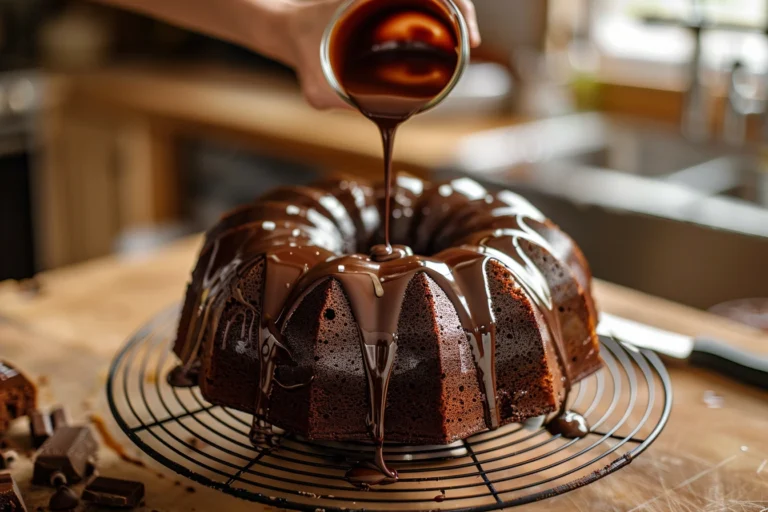 A person drizzling melted chocolate glaze over a freshly baked chocolate cream cheese pound cake on a cooling rack.