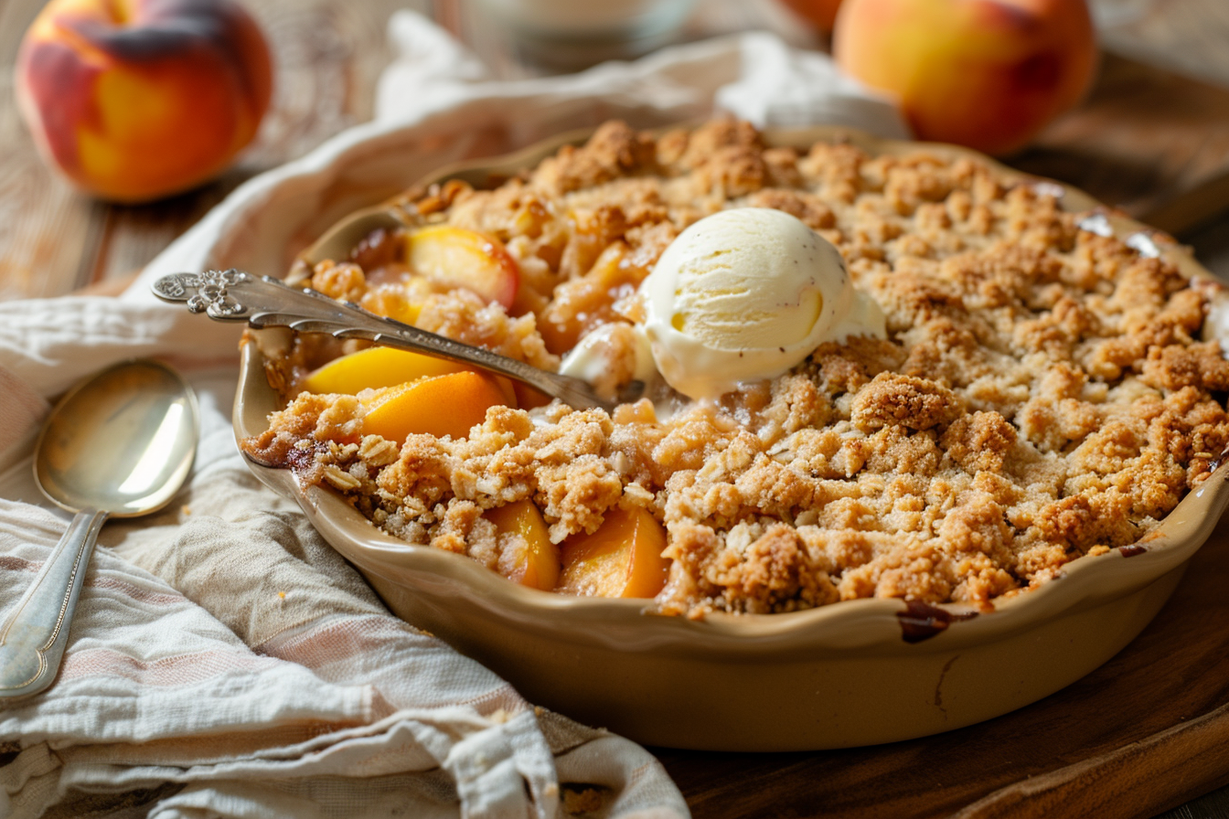 A golden, bubbling peach crumble in a rustic ceramic dish with a serving spoon lifting a portion into a small bowl, topped with melting vanilla ice cream.