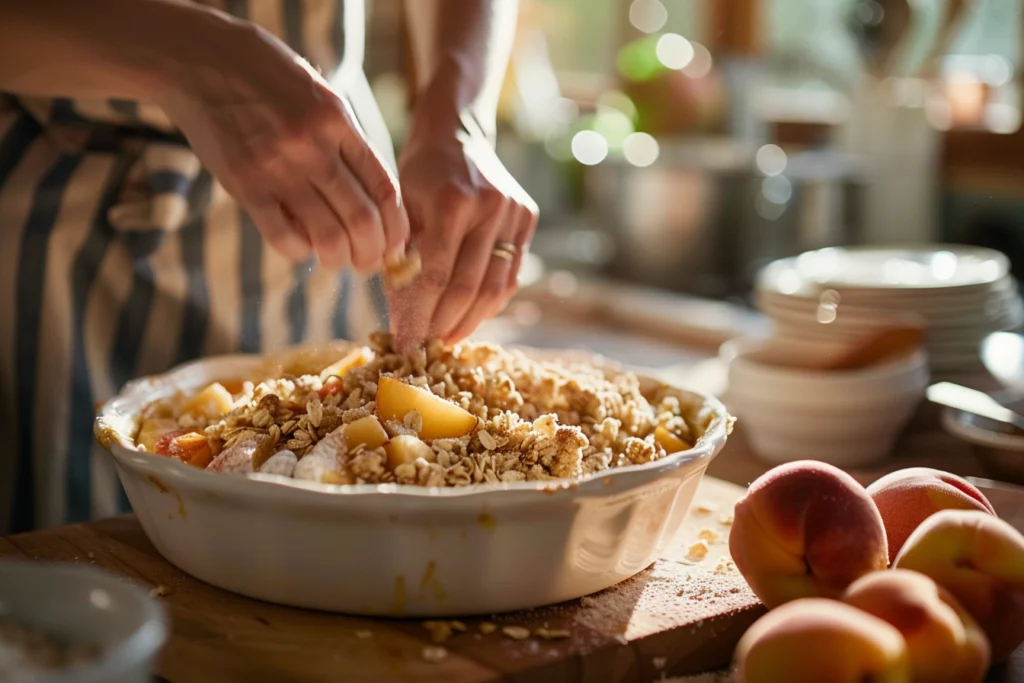 Hands carefully placing a golden oat crumble topping over a baking dish filled with juicy, sugar-coated peaches on a wooden countertop.