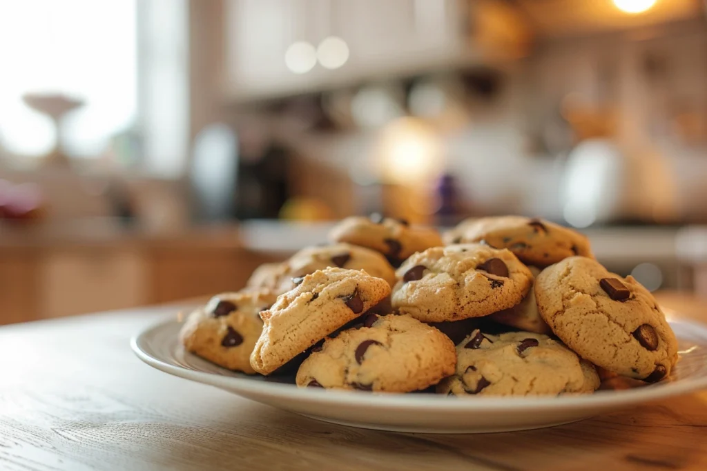 A plate of freshly baked, golden-brown protein cookies with chocolate chips, sitting on a rustic wooden kitchen table.