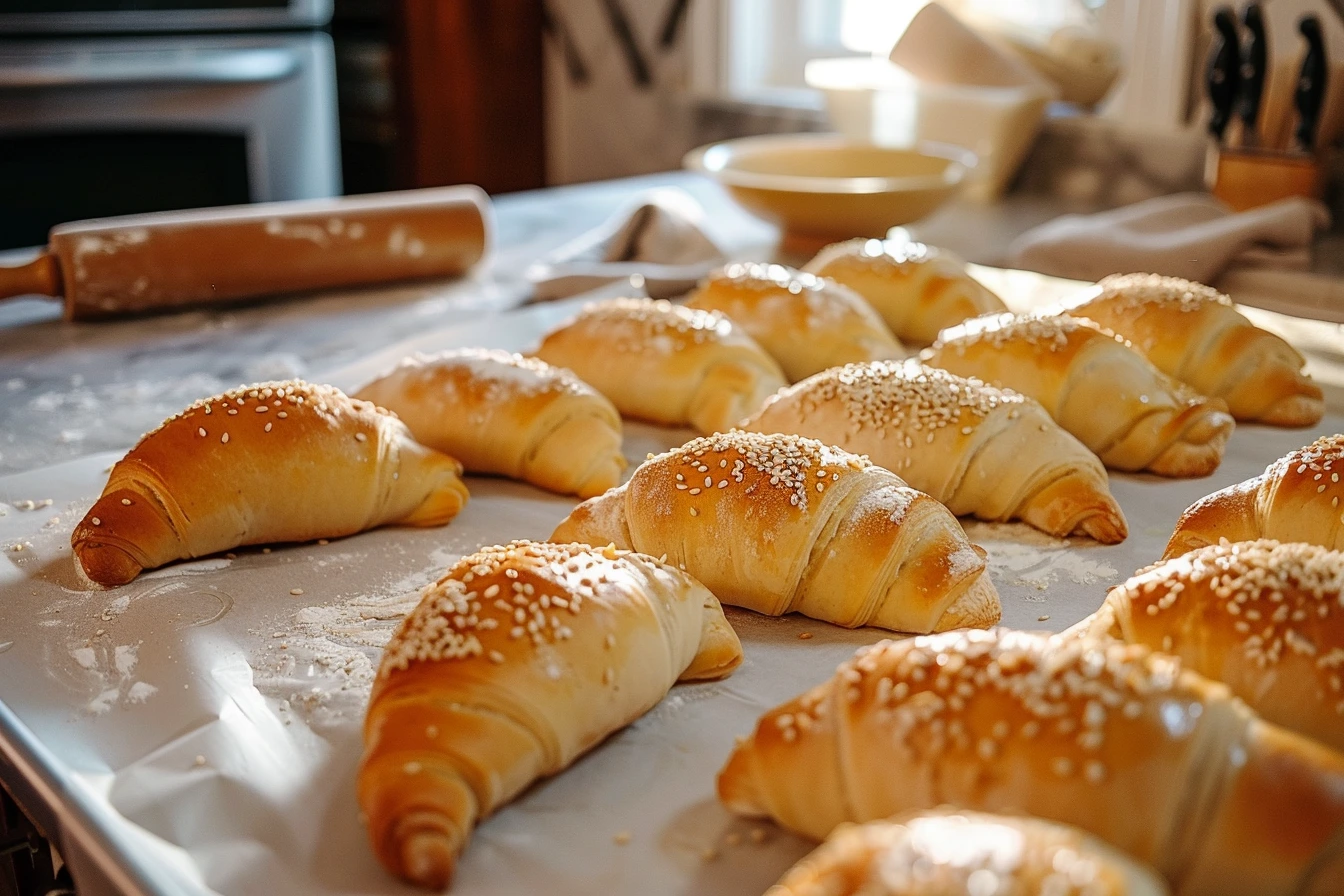 Several golden-brown gipfeli in crescent shape, brushed with egg wash and sprinkled with sesame seeds, placed on a parchment-lined baking sheet in a cozy kitchen.