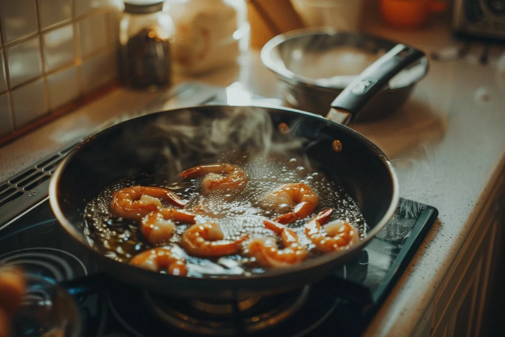 Close-up of shrimp frying in a deep skillet, lightly bubbling in hot oil, with bowls of cornstarch and whisked egg in the background.