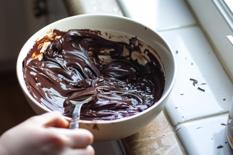 Stirring melted chocolate and coconut oil for the best homemade Eskimo Pie popsicle recipe