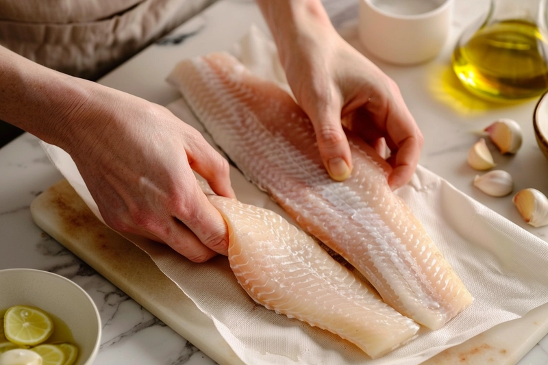 Hands preparing branzino fillets for cooking, patting dry the skin with paper towels on a ceramic counter.