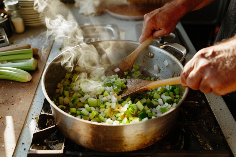 Hands sautéing chopped onion, celery, and bell pepper for a pastalaya recipe in a Dutch oven.