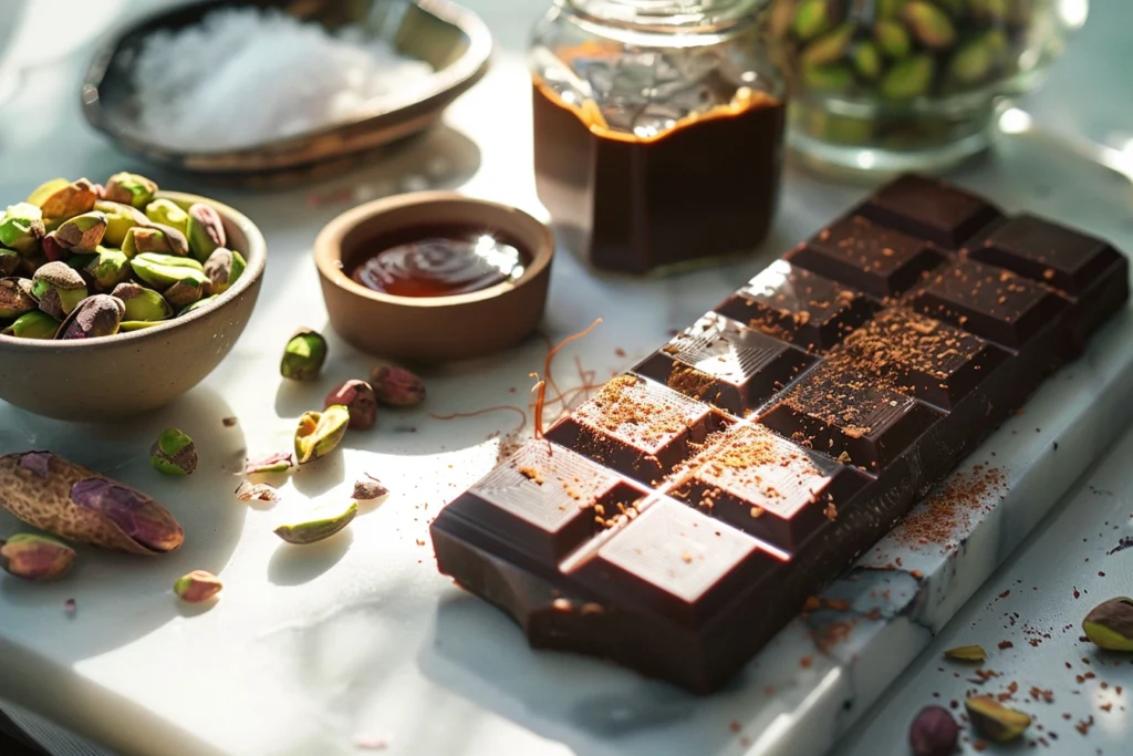 Close-up of a ceramic kitchen countertop with ingredients for a luxurious chocolate bar: dark and milk chocolate, chopped pistachios, date syrup, saffron threads, sea salt, and a bowl of warm water.
