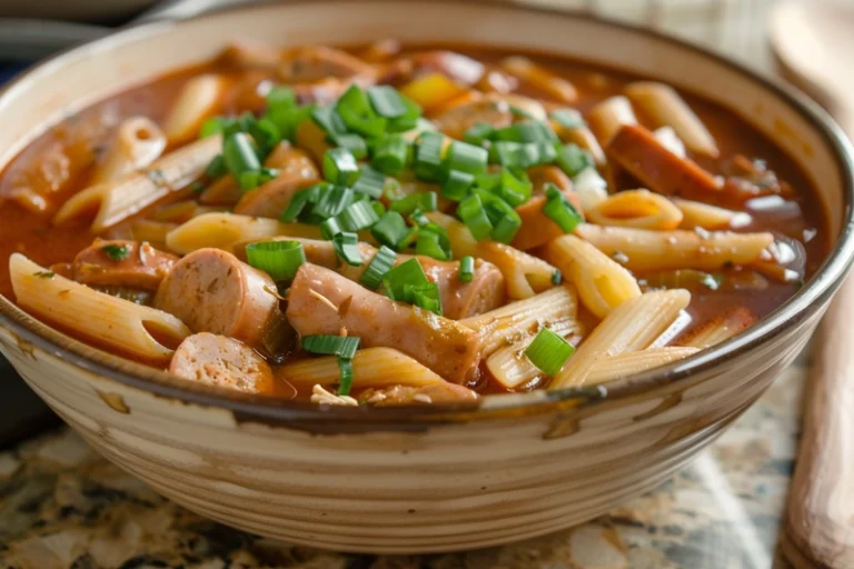Bowl of finished pastalaya recipe garnished with green onions and served in a ceramic bowl.