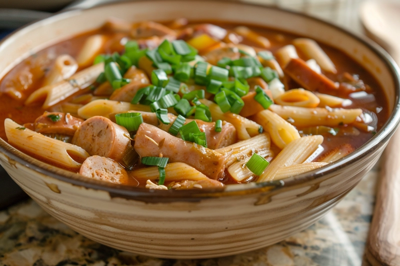 Bowl of finished pastalaya recipe garnished with green onions and served in a ceramic bowl.
